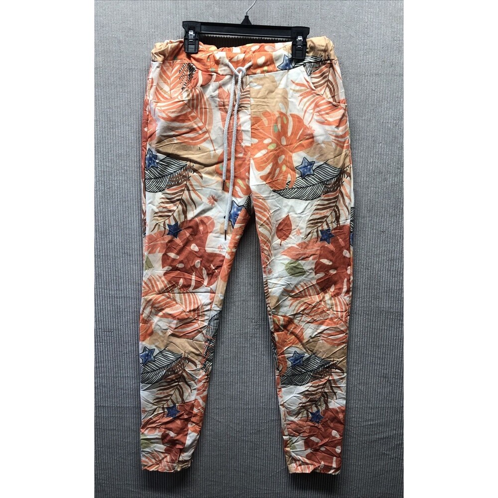 Womens Tapered Jogger Pants 10 Made in Italy Orange Monstera Leaf Tropical
